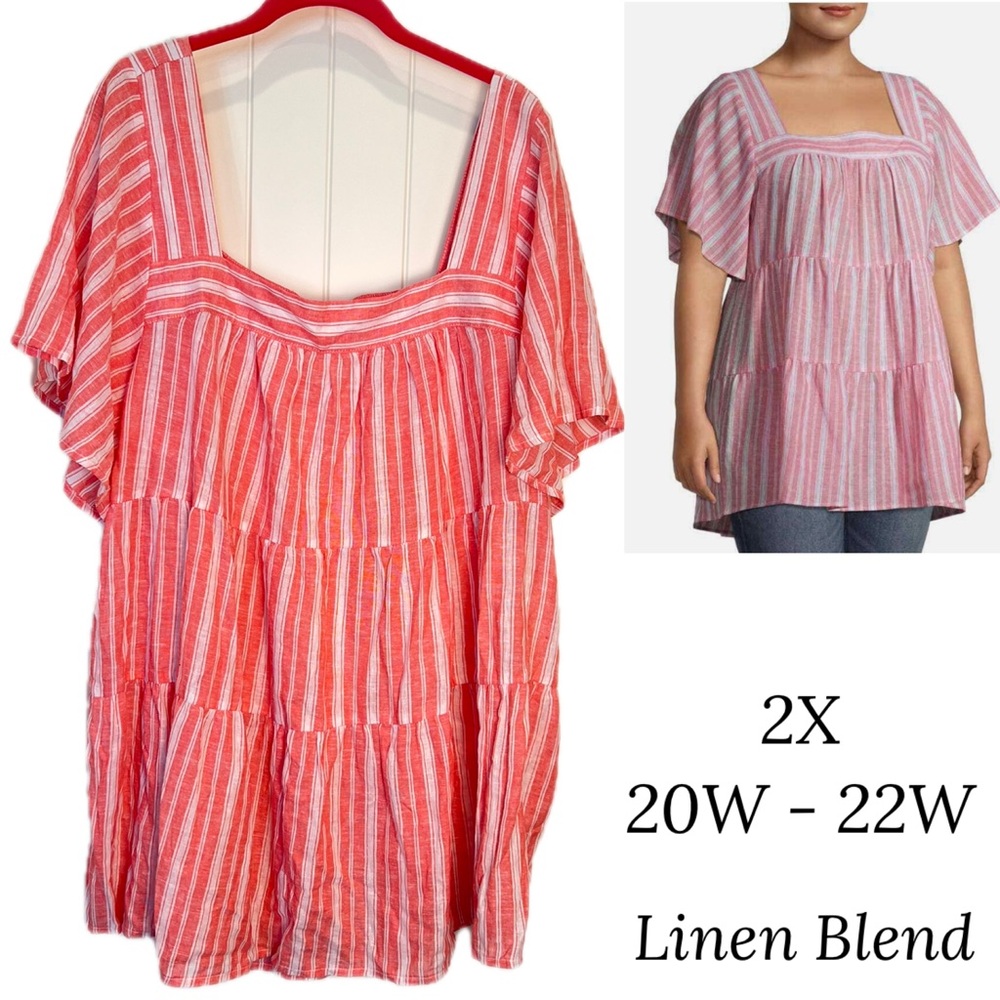 Terra and sky Square Neck Fluttered Sleeves Striped Tunic 2X Linen Blend